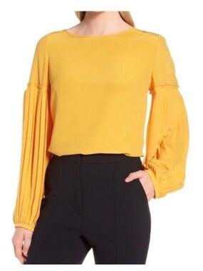 Lewit Mustard Pleated Balloon Sleeve Blouse